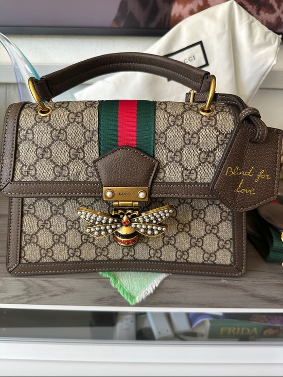 Gucci Handbags - Gucci Beige GG Supreme Satchel with Brown Leather, Red-Green Web and Jeweled Bee